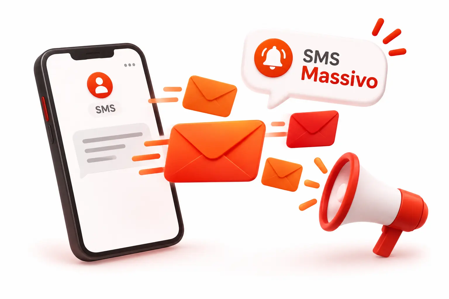 Celular recebendo SMS com envelopes saindo em direção a um megafone, representando o disparo de mensagens em massa