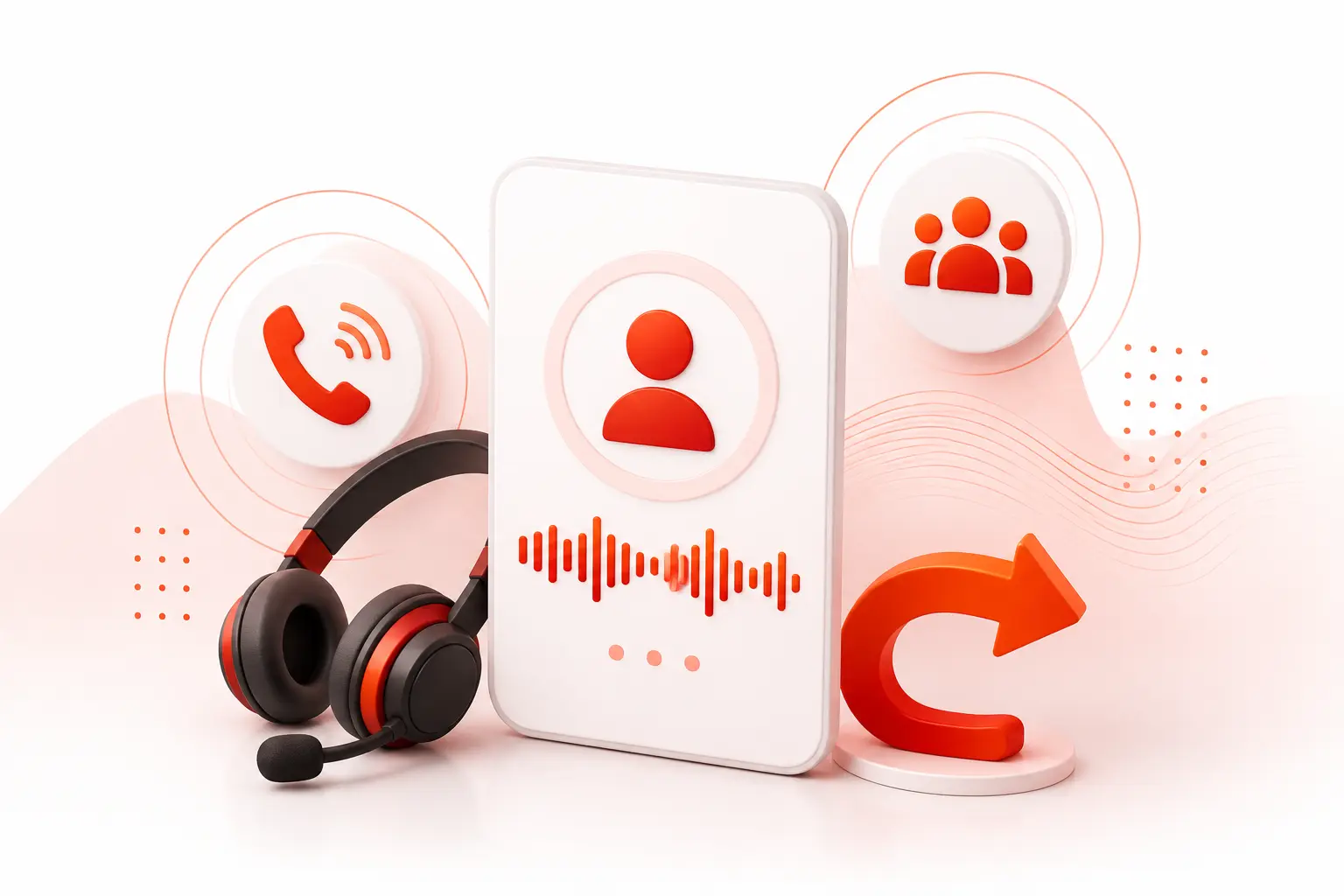 Headset, cartão com forma de onda de voz e uma seta de retorno, representando a chamada automática que a central faz ao cliente