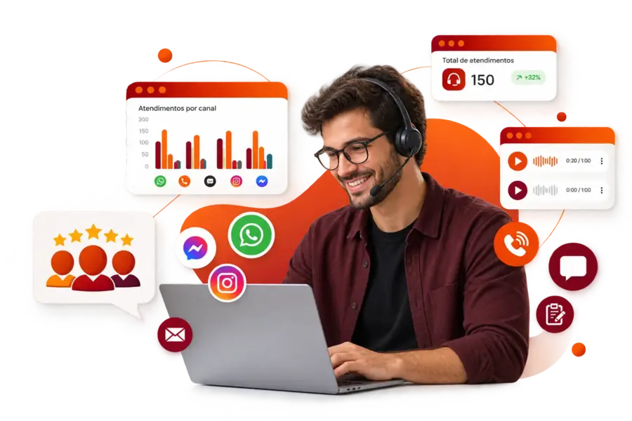 Atendente de headset trabalhando no notebook,
