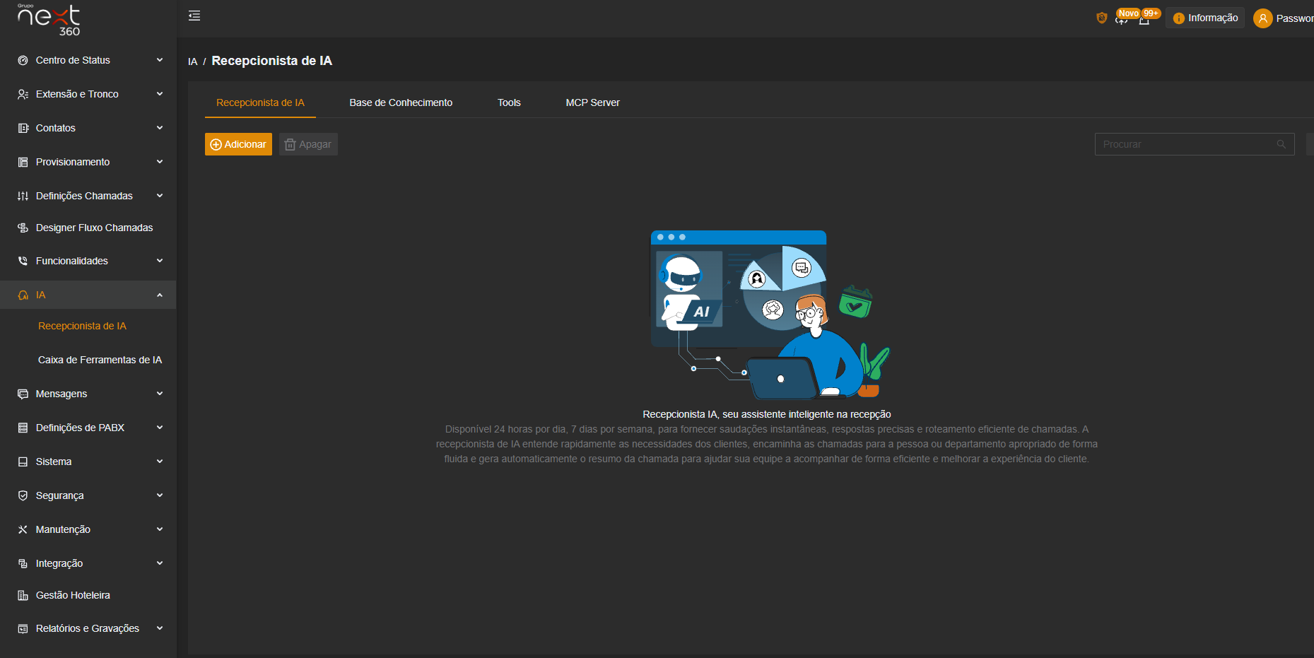 Tela Recepcionista de IA do PABX Virtual com as abas Base de Conhecimento, Tools e MCP Server e a apresentação do assistente que atende 24 horas, roteia a chamada e gera o resumo automaticamente
