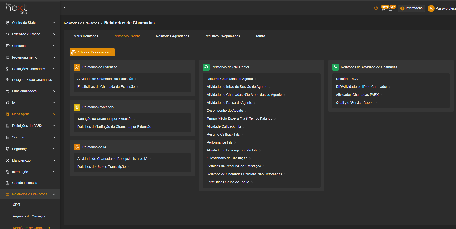 Central de Relatórios de Chamadas do PABX Virtual com os grupos de relatórios de extensão, contábeis, de IA, de call center e de atividade de chamadas, além do botão de relatório personalizado